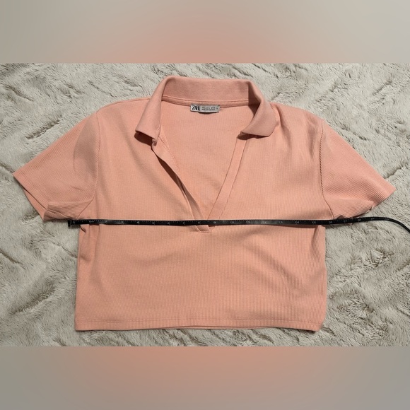 Zara pink salmon ribbed collared neck polo short sleeve crop top - Picture 5 of 8